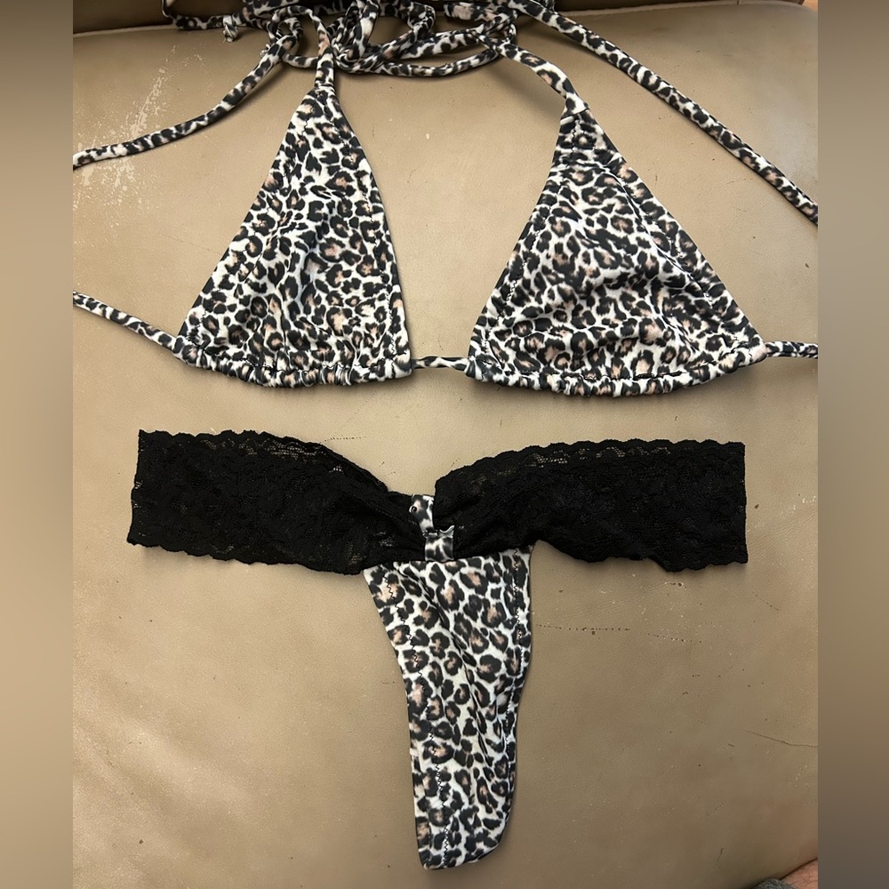 NWOT Handmade Leopard Animal Print Triangle Top Thong Bikini w/ Black Lace